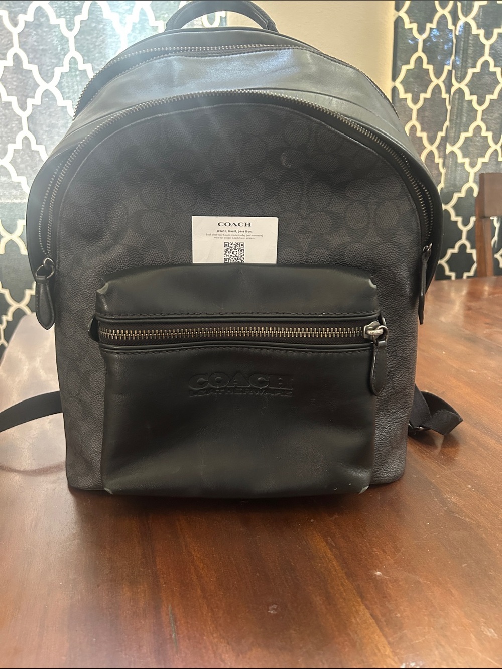 Coach Black and Gray Signature Canvas Backpack with Leather Pocket